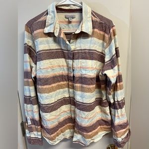Ocean+Coast Men’s Long Sleeve Striped Flannel Shirt Size XL Cream Blue Burgundy